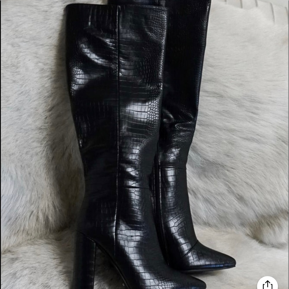 Black Knee High Crocodile Skin Boots